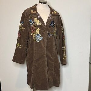 A.M.I. Size 3X Floral Embroidered Brown corduroy Trench Coat